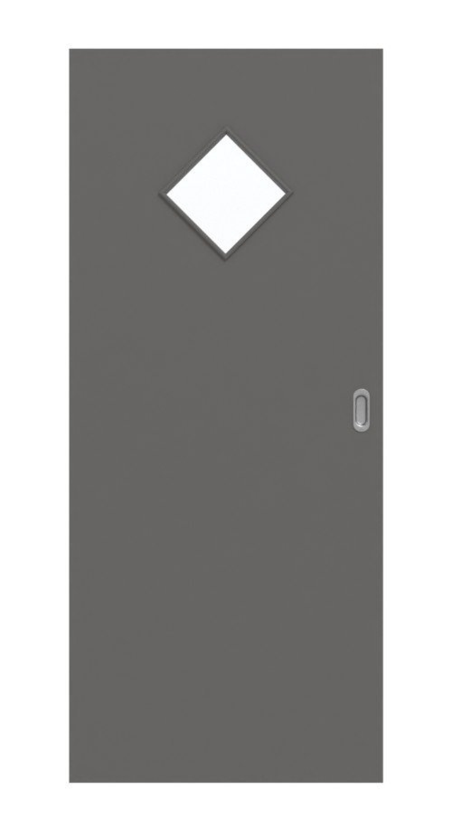 Frontansicht drzwi przesuwnej Huga Hygge szarej RAL 7037 Durat Basic z przeszkleniem LA 6 w kształcie rombu