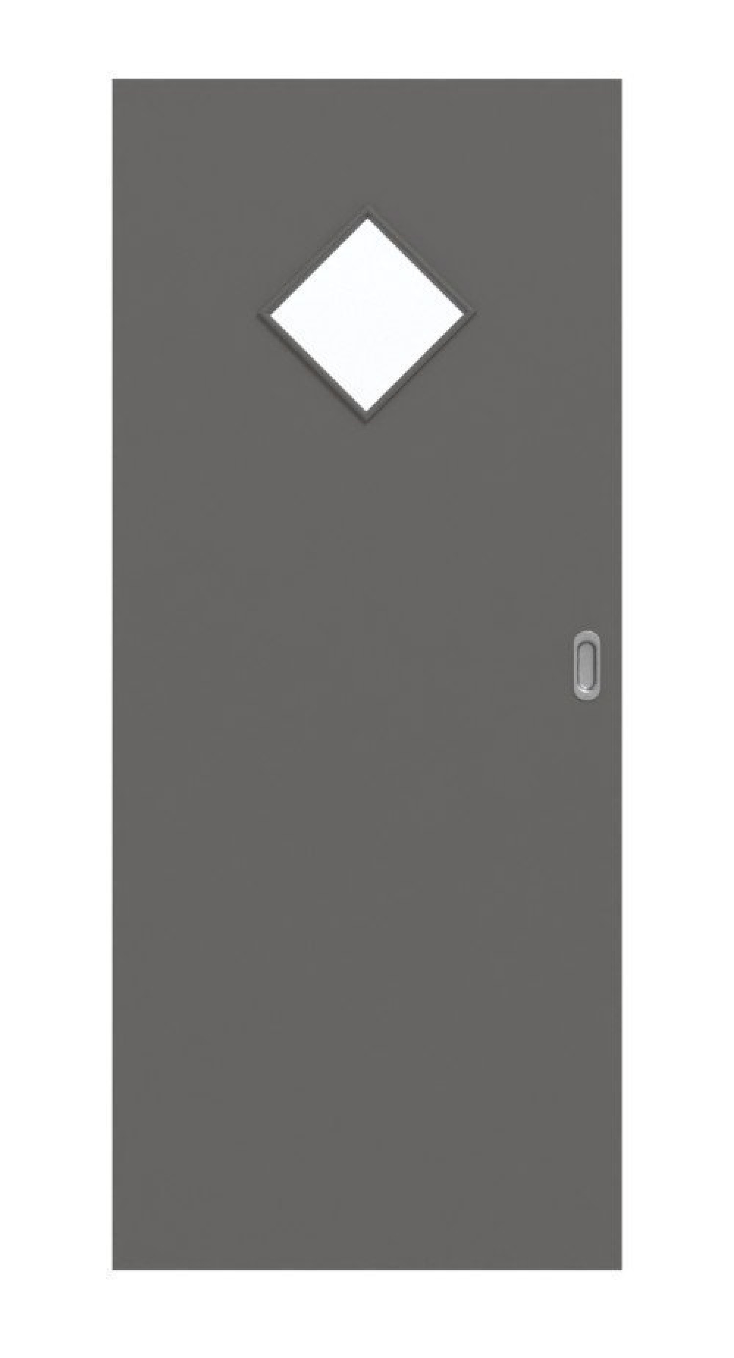 Frontansicht drzwi przesuwnej Huga Hygge szarej RAL 7037 lakier Basic z przeszkleniem LA 6 w kształcie rombu