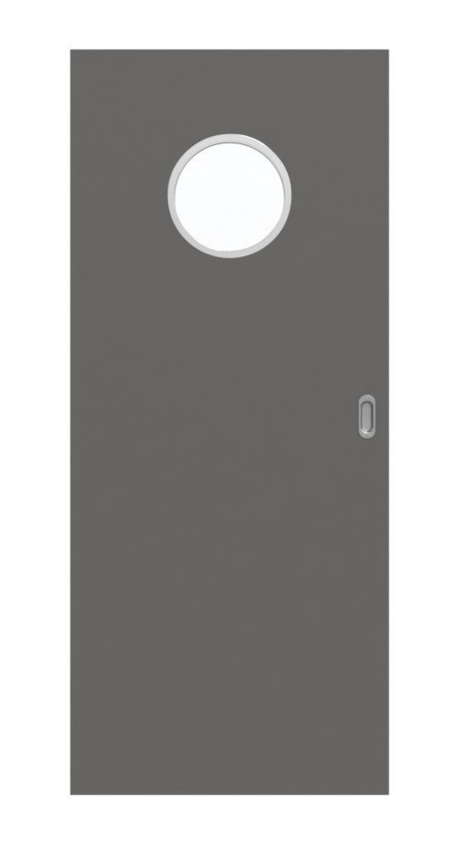 Frontansicht drzwi przesuwnych Huga Hygge szary RAL 7037 Durat Basic z oknem LA Bullauge