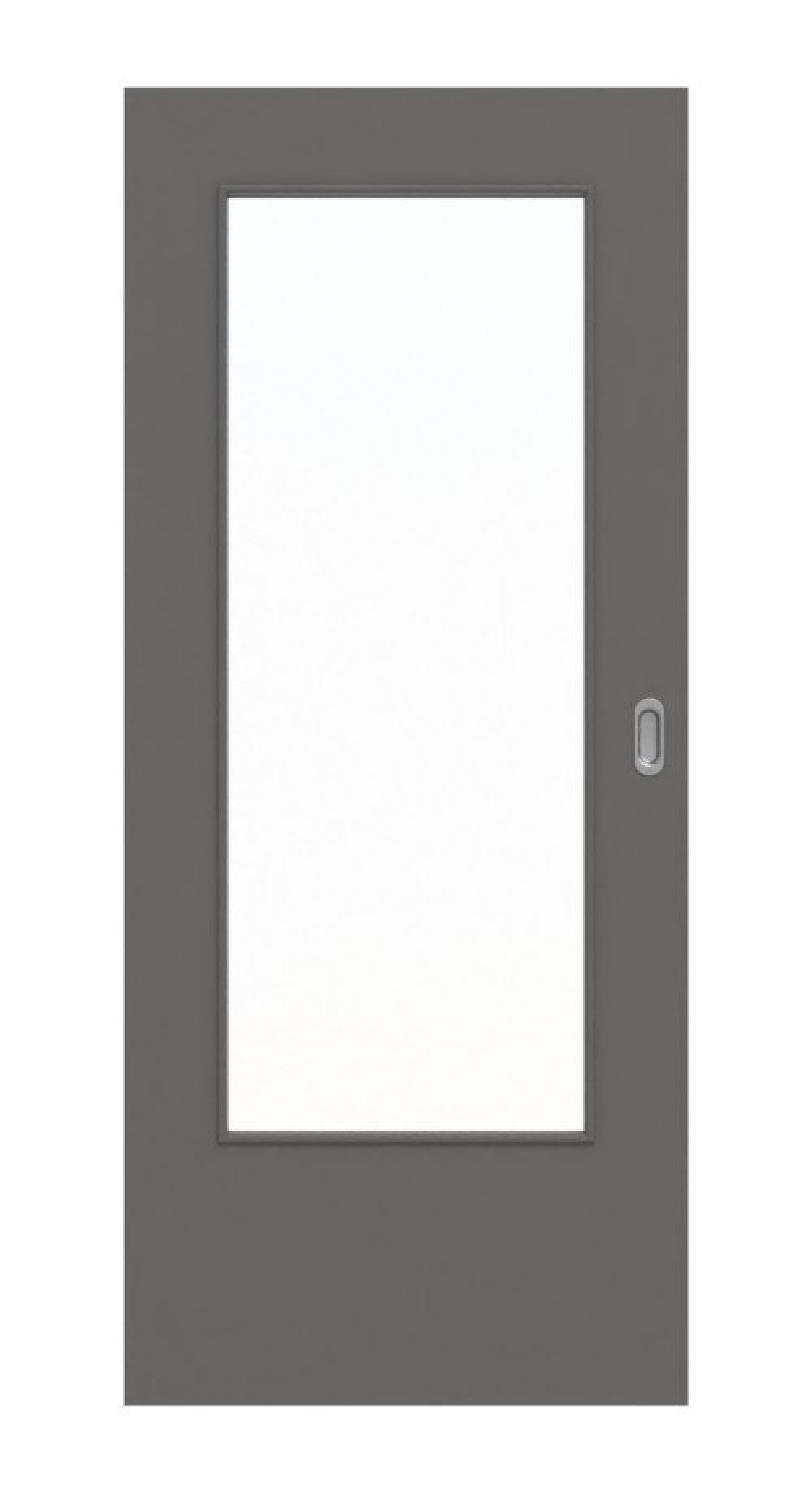 Frontansicht drzwi przesuwnej Huga Hygge szarej RAL 7037 Duradecor Basic z przeszkleniem LA-DIN
