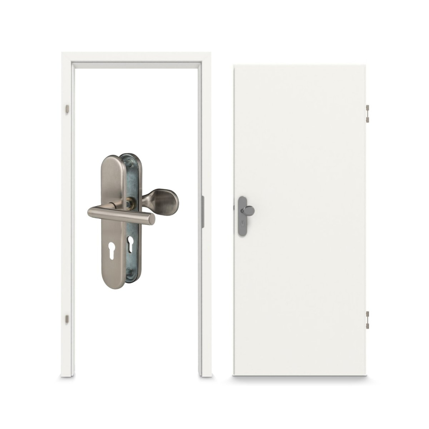 Komplettset-Ansicht drzwi wejściowych GARANT - zestaw białego lakieru RAL 9016 z ościeżnicą i okuciem