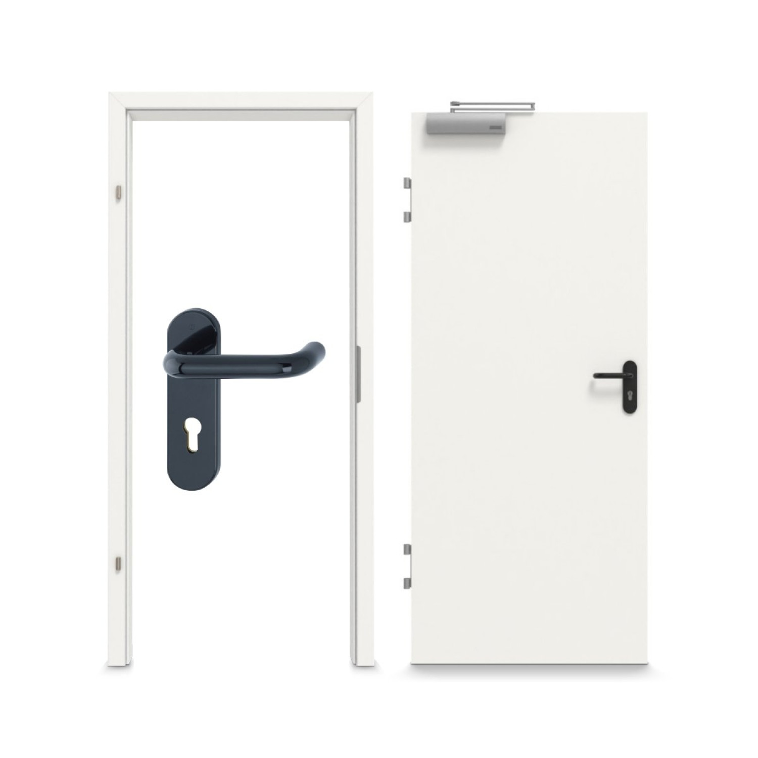 Komplettowy widok zestawu drzwi przeciwpożarowych GARANT T30 białe lakierowane RAL 9016 z ościeżnicą