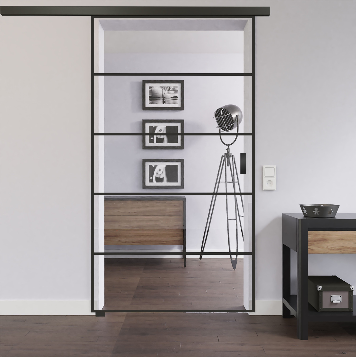 LIENBACHER GLAS Szklane drzwi przesuwne Black Signature ST 620 z paskiem szkła przezroczystego w zestawie z systemem drzwi przesuwnych