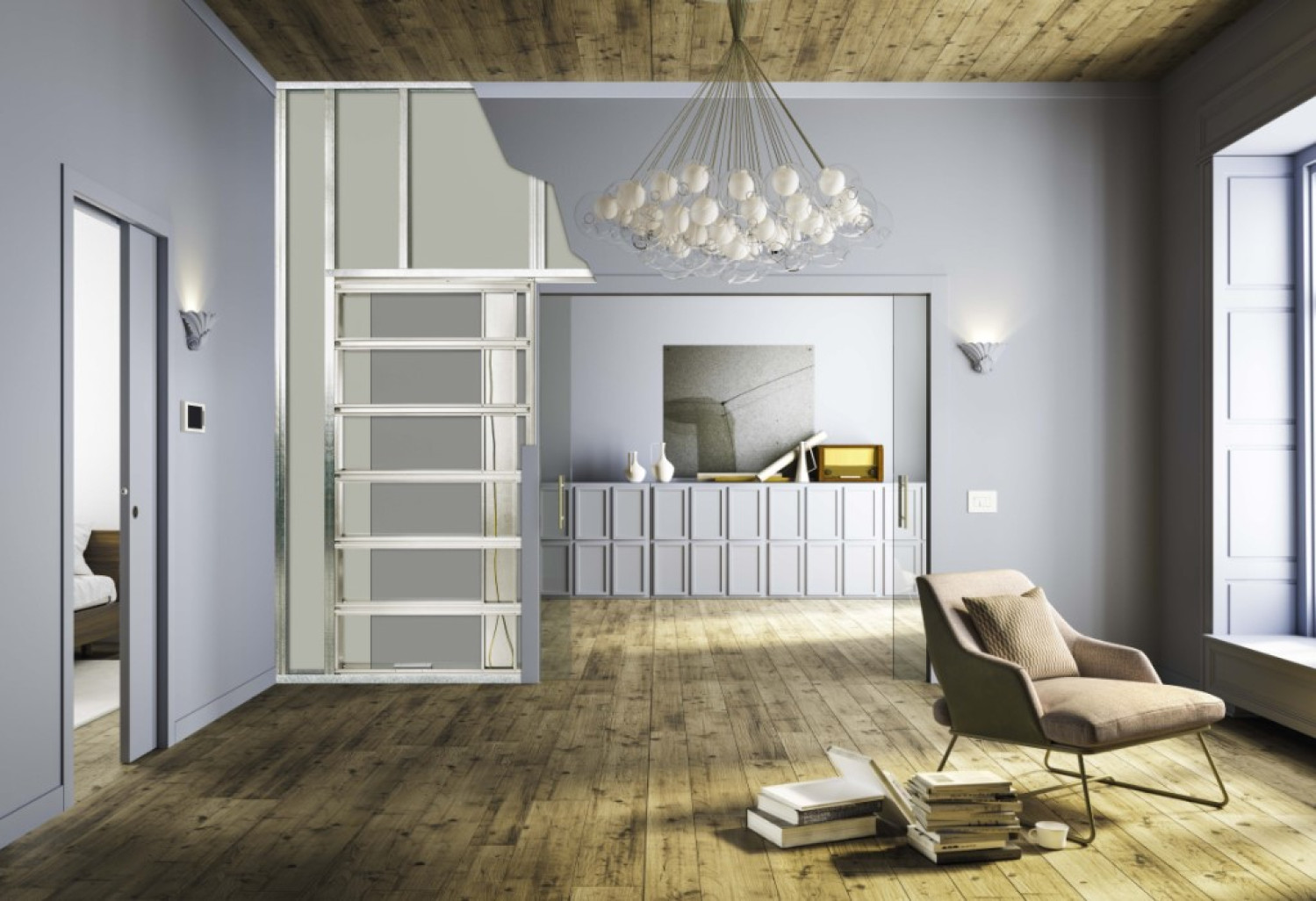 Widok systemu drzwi przesuwnych Unico Luce DF dla podwójnych drzwi szklanych w zabudowie gipsowej - Eclisse