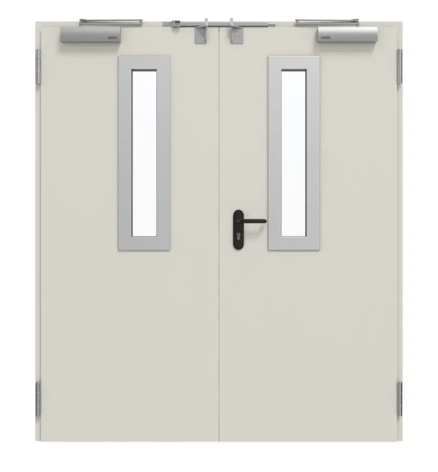 TECKENTRUP Zestaw drzwi zewnętrznych 2-skrzydłowe stal z funkcją ochrony przeciwpożarowej EI2 30-C5-SA 62-2 z prostokątnym szkleniem wycięcie 1 z ościeżnicą narożną