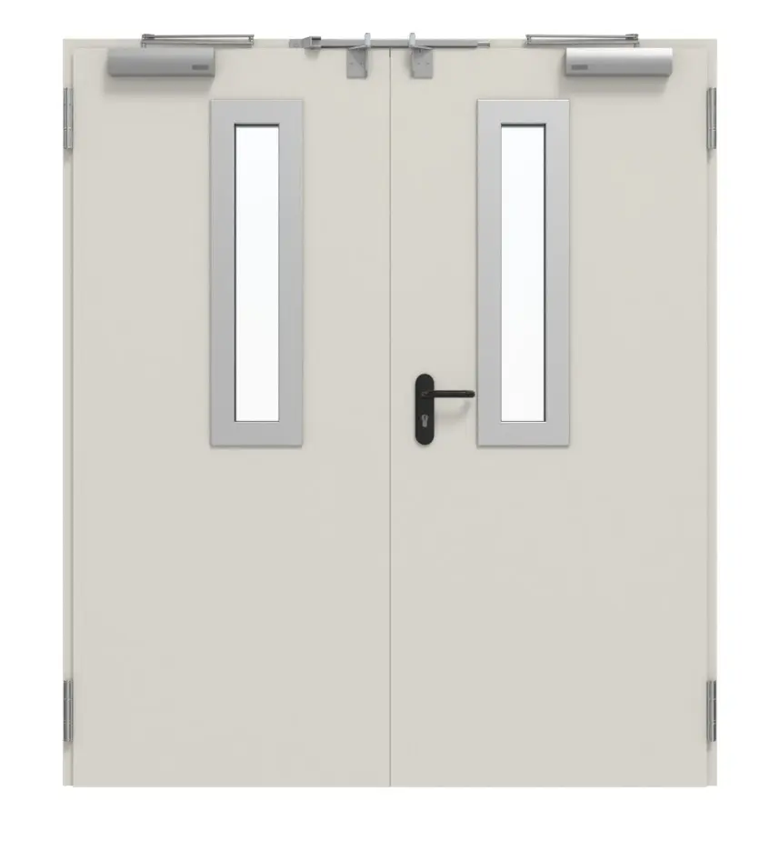 TECKENTRUP zestaw drzwi zewnętrznych 2-skrzydłowe stal z funkcją ochrony przeciwpożarowej EI2 30-C5-SA 62-2 z prostokątnym szkleniem wycięcie 1 w tym ościeżnica narożna i uzupełniająca