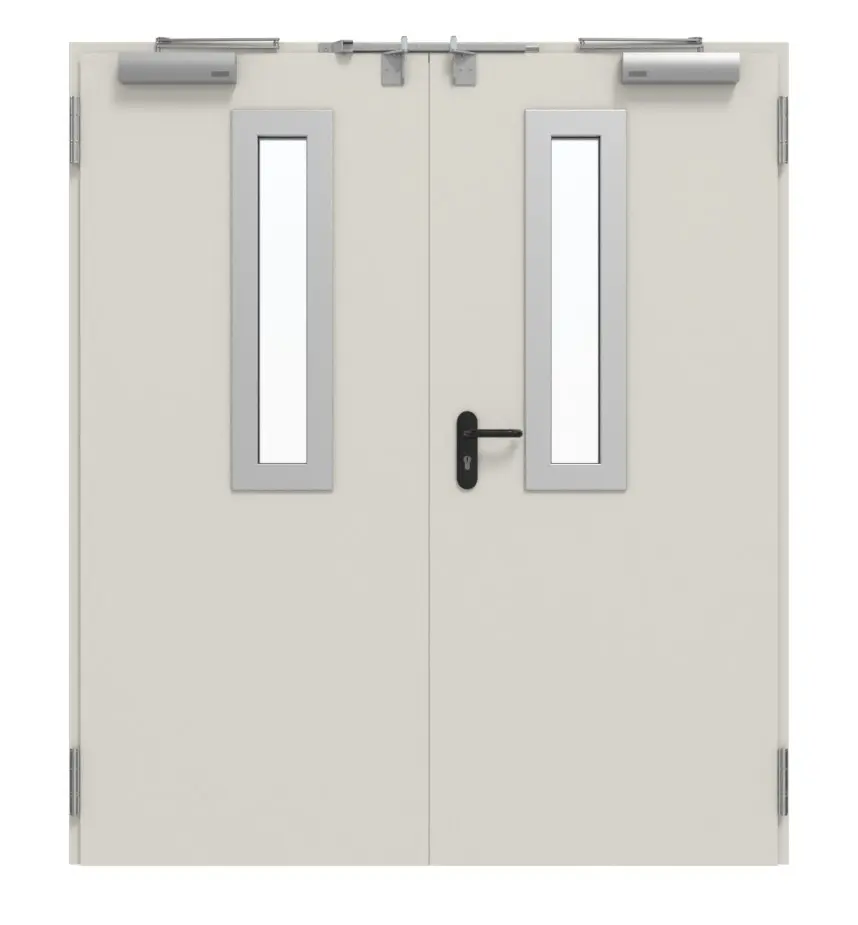 TECKENTRUP zestaw drzwi wewnętrzne 2-skrzydłowe stal z funkcją ochrony przeciwpożarowej T30-2 FSA-62 z przeszkleniem prostokątnym wycięcie 1 z ościeżnica narożna