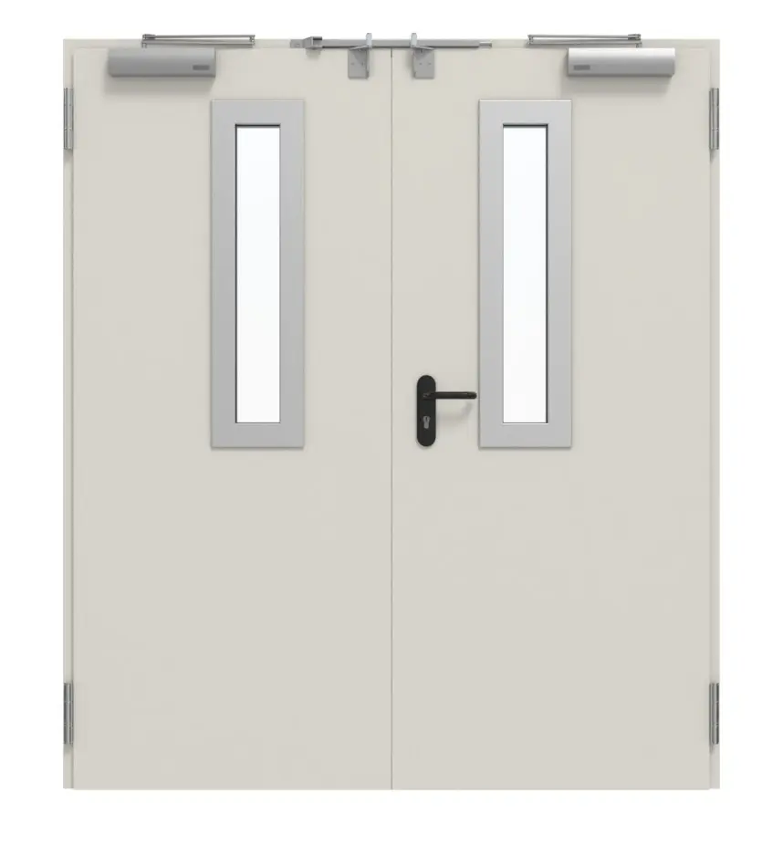 TECKENTRUP zestaw drzwi wewnętrznych 2-skrzydłowych stalowych z funkcją ochrony przeciwpożarowej T30-2 FSA-62 z przeszkleniem prostokątnym wycięcie 1 wraz z ościeżnicą narożną i uzupełniającą