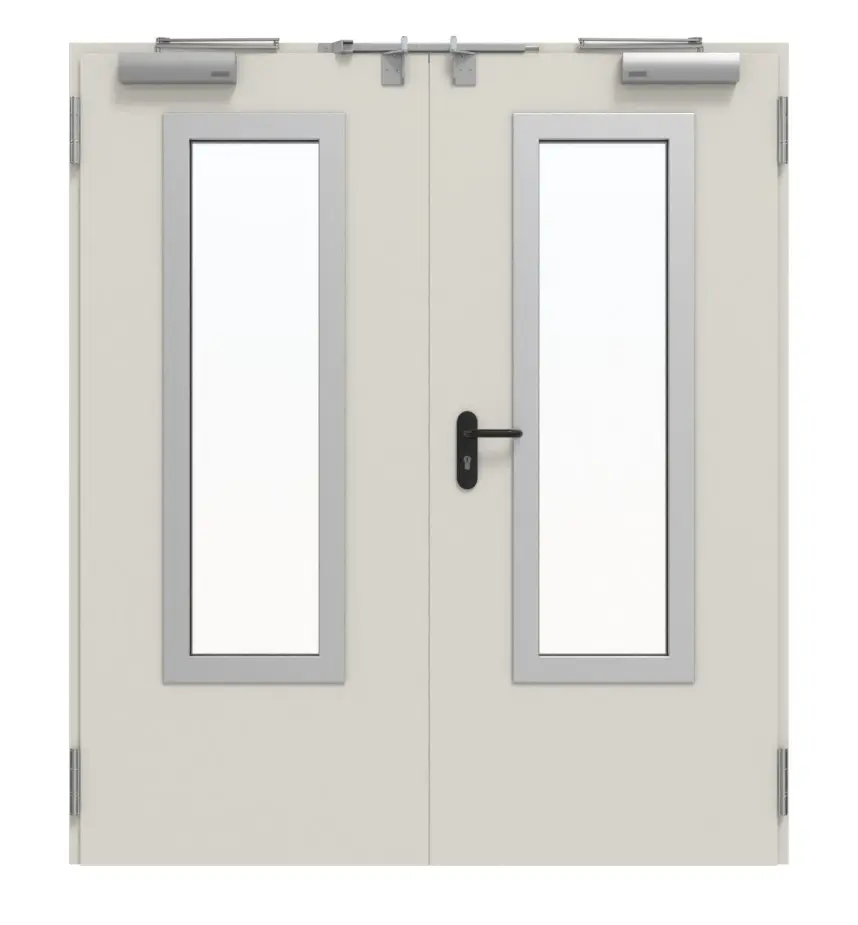 TECKENTRUP zestaw drzwi wewnętrzne 2-skrzydłowe stal z funkcją ochrony przeciwpożarowej T30-2 FSA-62 z przeszkleniem prostokątnym wycięcie 3 wraz z ościeżnicą narożną i uzupełniającą