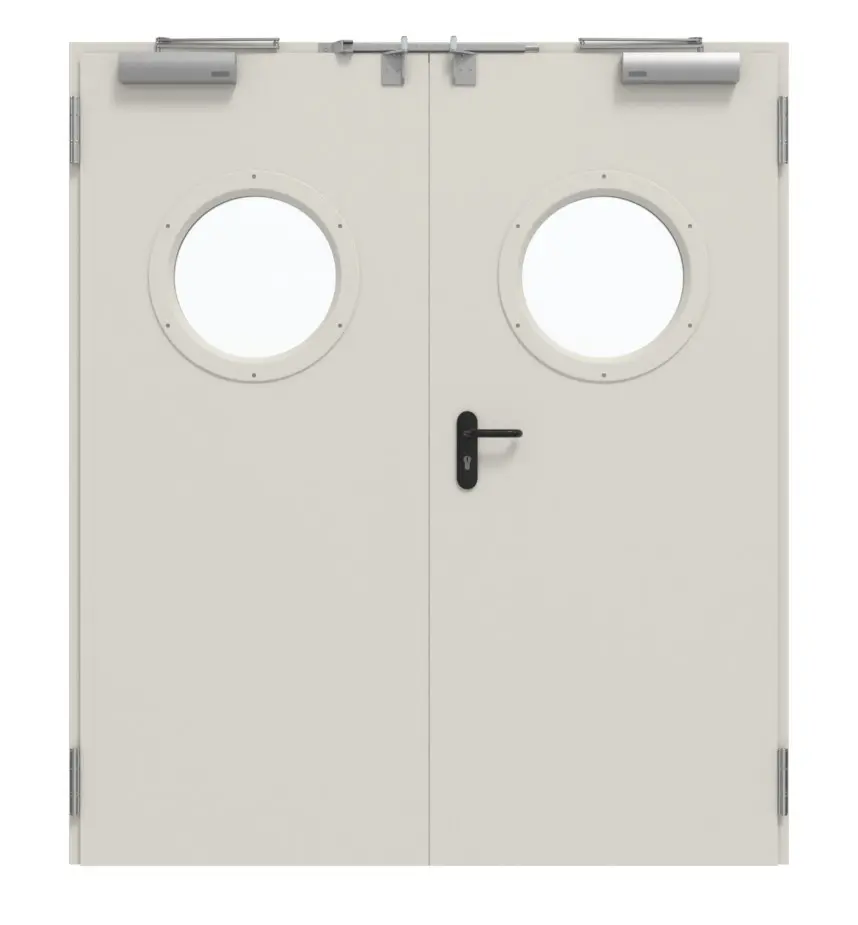 Widok frontowy marki TECKENTRUP zestaw drzwi wewnętrzne 2-skrzydłowe stal z funkcją ochrony przeciwpożarowej T30-2 FSA-62 z okrągłym szkleniem w tym ościeżnica narożna.