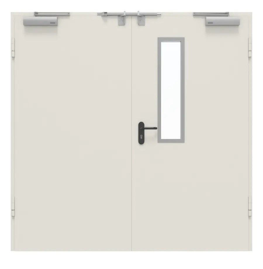 Widok frontowy zestawu drzwi wewnętrznych 2-skrzydłowych stalowych z funkcją ochrony przeciwpożarowej H16-2 OD z przeszkleniem prostokątnym wycięcie 1 w aktywnym skrzydle z ościeżnicą narożną - Hörmann