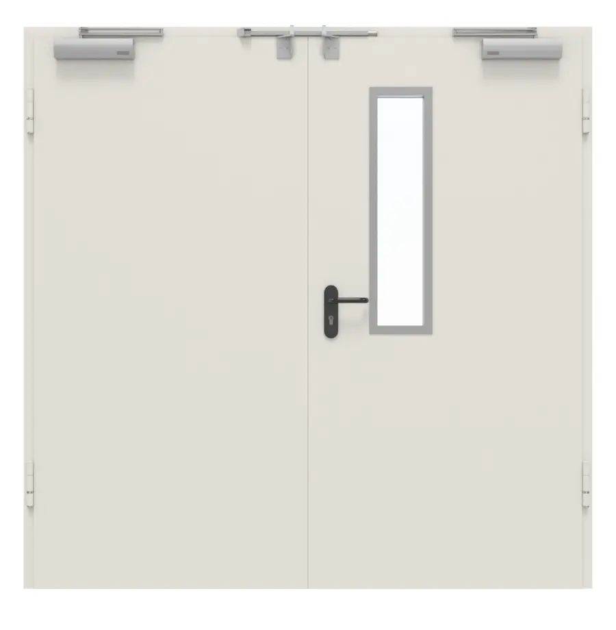 Frontansicht von Innentür-Set 2-flg. Stahl mit Feuerschutzfunktion H16-2 OD mit Rechteckverglasung Ausschnitt 1 im Gehflügel inkl. Eck- und Ergänzungszarge Vario B53 - Hörmann