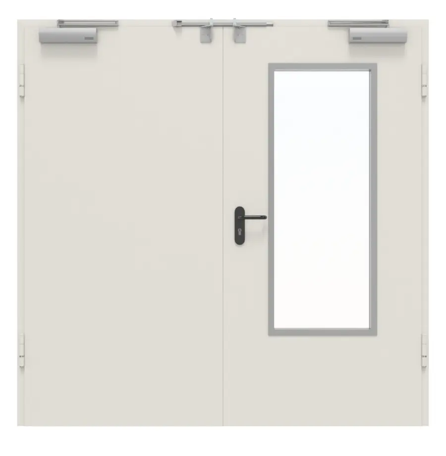 Widok frontowy: zestaw drzwi wewnętrzne 2-skrzydłowe, stal, z funkcją ochrony przeciwpożarowej H16-2 OD, przeszklenie prostokątne, wycięcie 3 w aktywne skrzydło, ościeżnica narożna i uzupełniająca Vario B53 - Hörmann