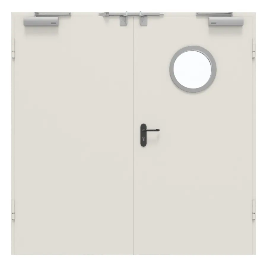 Widok frontowy zestawu drzwi wewnętrznych 2-skrzydłowych ze stali z funkcją ochrony przeciwpożarowej H16-2 OD z okrągłym przeszkleniem w aktywnym skrzydle wraz z ościeżnicą narożną - Hörmann