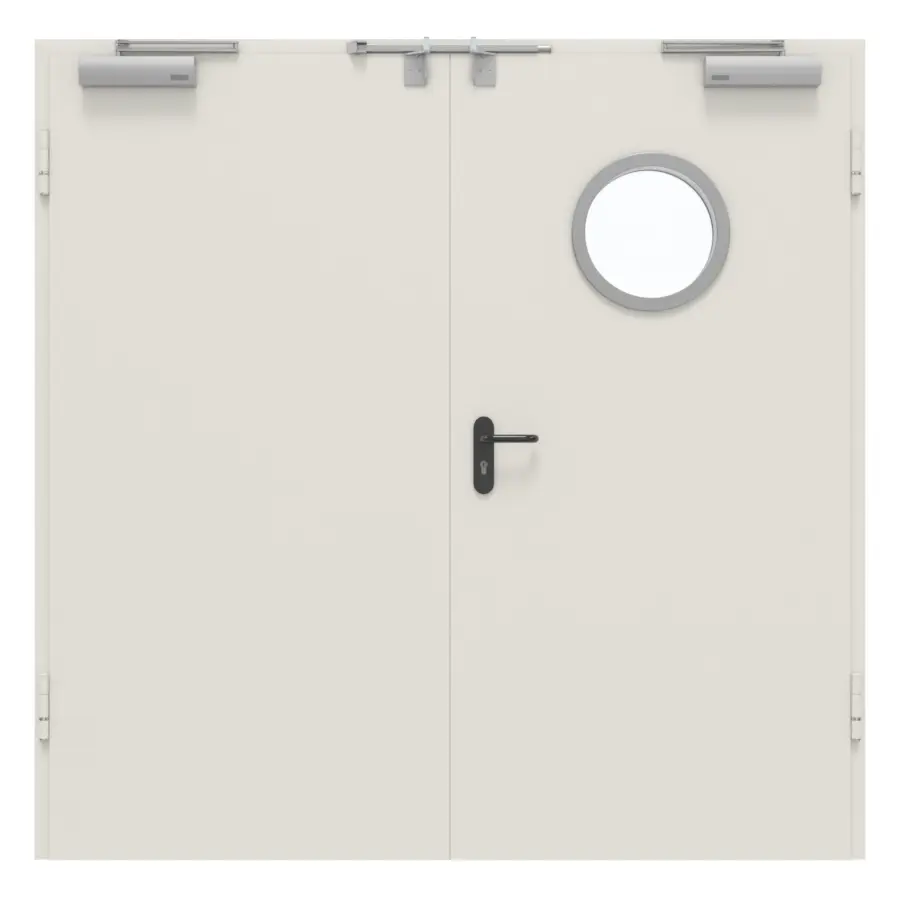 Widok frontowy zestawu drzwi wewnętrznych 2-skrzydłowych stalowych z funkcją ochrony przeciwpożarowej H16-2 OD z okrągłym przeszkleniem w aktywnym skrzydle, w tym ościeżnica narożna i uzupełniająca Vario B53 - Hörmann