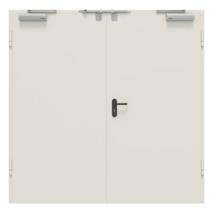 Widok frontowy stalowego 2-skrzydłowego zestawu drzwi wewnętrznych z funkcją ochrony przeciwpożarowej H16-2 OD z ościeżnicą narożną - Hörmann