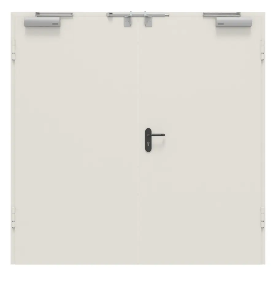 Widok frontowy zestawu drzwi wewnętrznych 2-skrzydłowych stalowych z funkcją ochrony przeciwpożarowej H16-2 OD wraz z ościeżnicą narożną i uzupełniającą Vario B53 - Hörmann