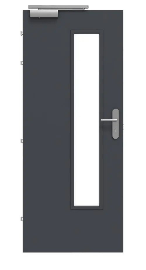 Widok frontowy zestawu drzwi przeciwpożarowych CLASSEN EI30 M3 grafitowy RAL 7024 HPL z ościeżnicą blokową