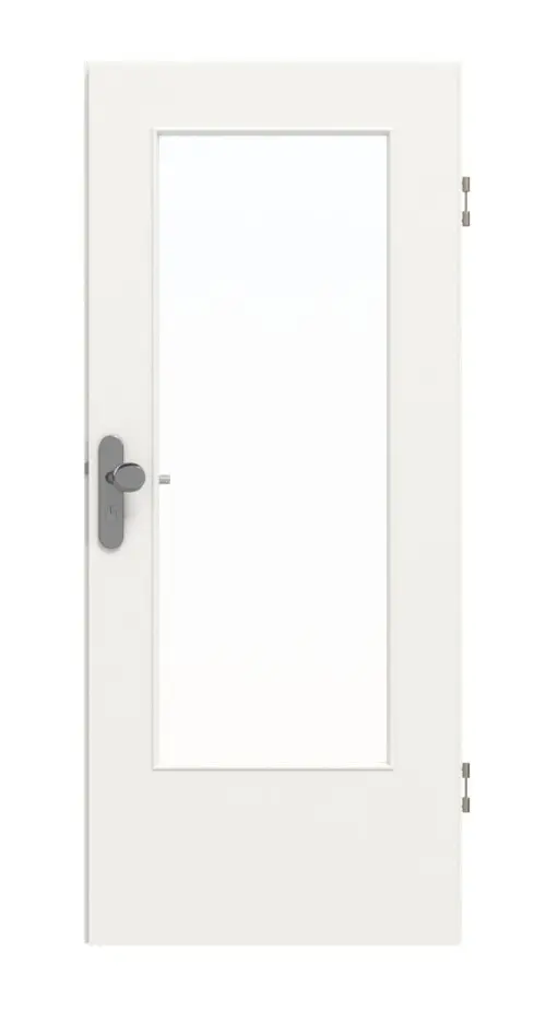 Widok frontowy drzwi wejściowych do mieszkania marki GARANT, biały lakier 9016 z przeszkleniem LA-DIN.