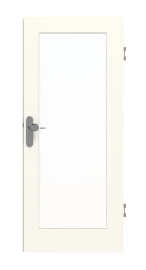 Widok frontowy drzwi wejściowych do mieszkania marki GARANT 0105-60 Pearl White CePaL z przeszkleniem LA-2.