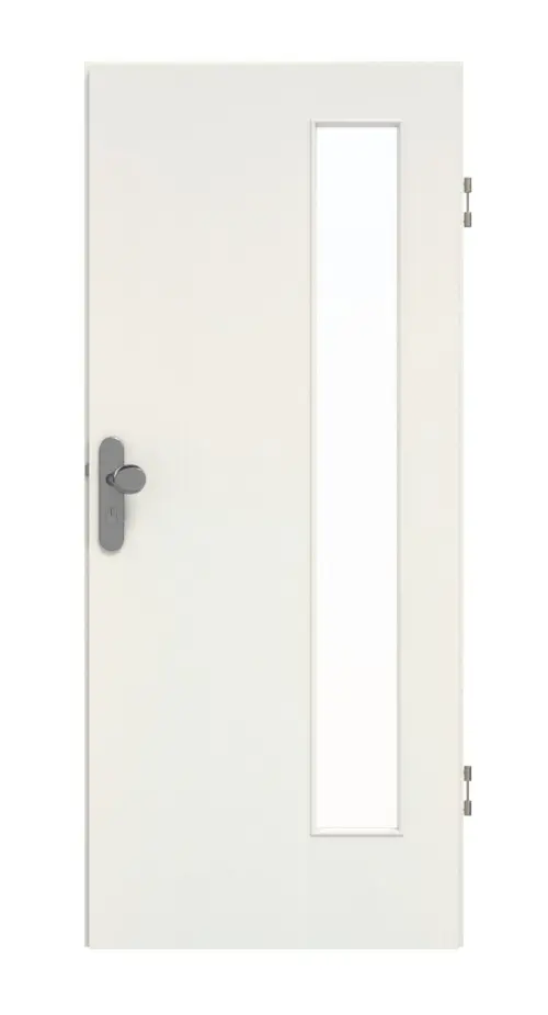 Drzwi wejściowe do mieszkania GARANT, biel ze strukturą Premium GCK08 z przeszkleniem LA-4 od strony zawiasów