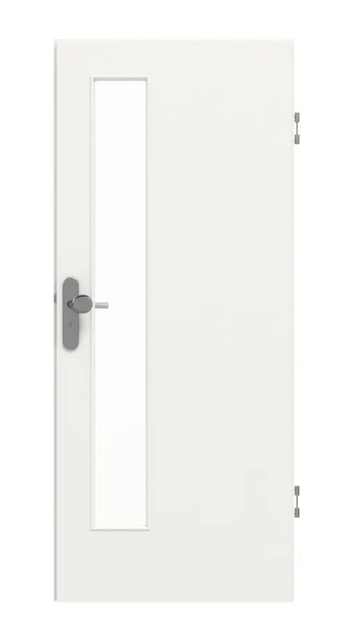 Drzwi wejściowe do mieszkania GARANT, biały lakier 9016, z przeszkleniem LA-4 po stronie zamka