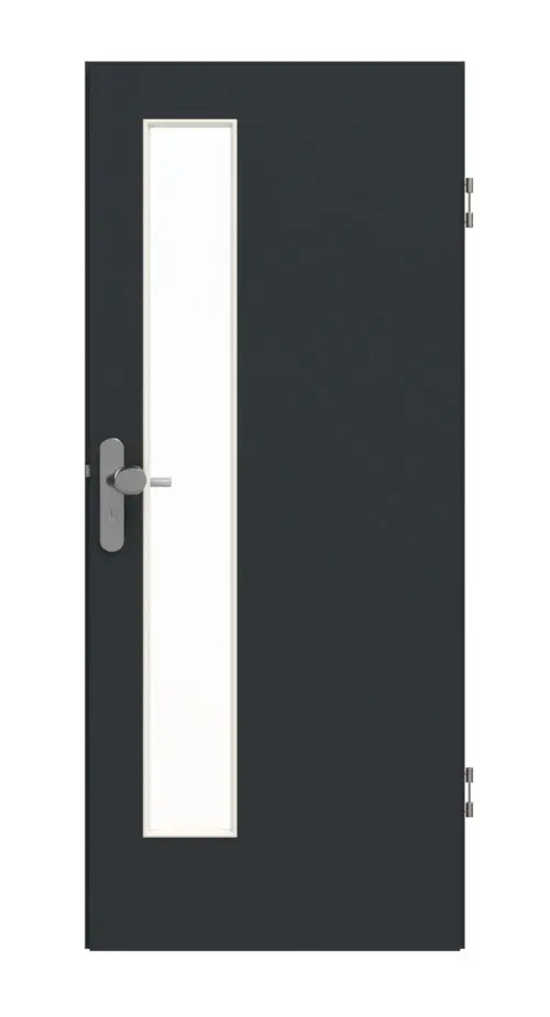 Widok frontowy marki GARANT drzwi wejściowe do mieszkania U12000SD wulkaniczna czerń GHK08 z przeszkleniem LA-4 od strony zamka