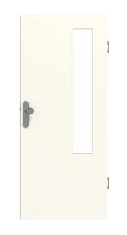 Widok frontowy marki GARANT drzwi wejściowych do mieszkania 0105-60 Pearl White CePaL z przeszkleniem LA-5 po stronie zawiasów