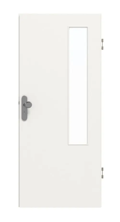 Drzwi wejściowe do mieszkania GARANT, biały lakier 9016, z przeszkleniem LA-5 po stronie zawiasów