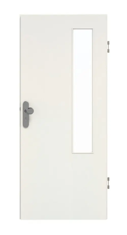 Drzwi wejściowe do mieszkania GARANT, biel ze strukturą Premium GCK08 z przeszkleniem LA-5 od strony zawiasów