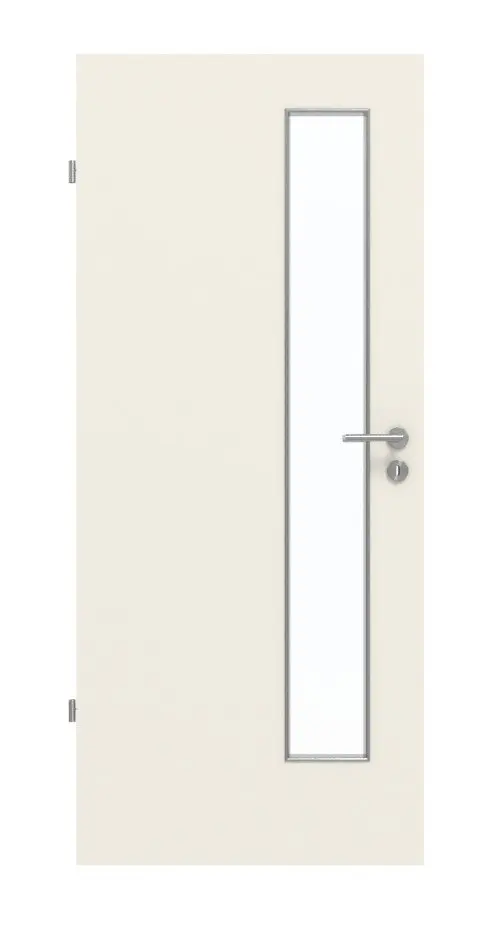 Widok frontowy od GARANT drzwi do pomieszczeń wilgotnych biały lakier 9010 GHK08 z przeszkleniem LA-4 od strony zamka