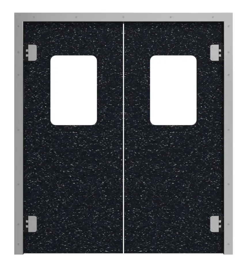 Widok frontowy dwuskrzydłowych drzwi wahadłowych HÖRMANN z tworzywa sztucznego, czarny kolorowy, z przeszkleniem prostokątnym, w tym ościeżnica opaskowa.