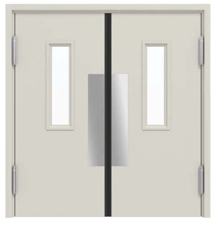 Widok frontowy kompletnego zestawu stalowych wielofunkcyjnych dwuskrzydłowych drzwi wahadłowych MZ-2 z LA-2 z ościeżnicą narożną - Hörmann