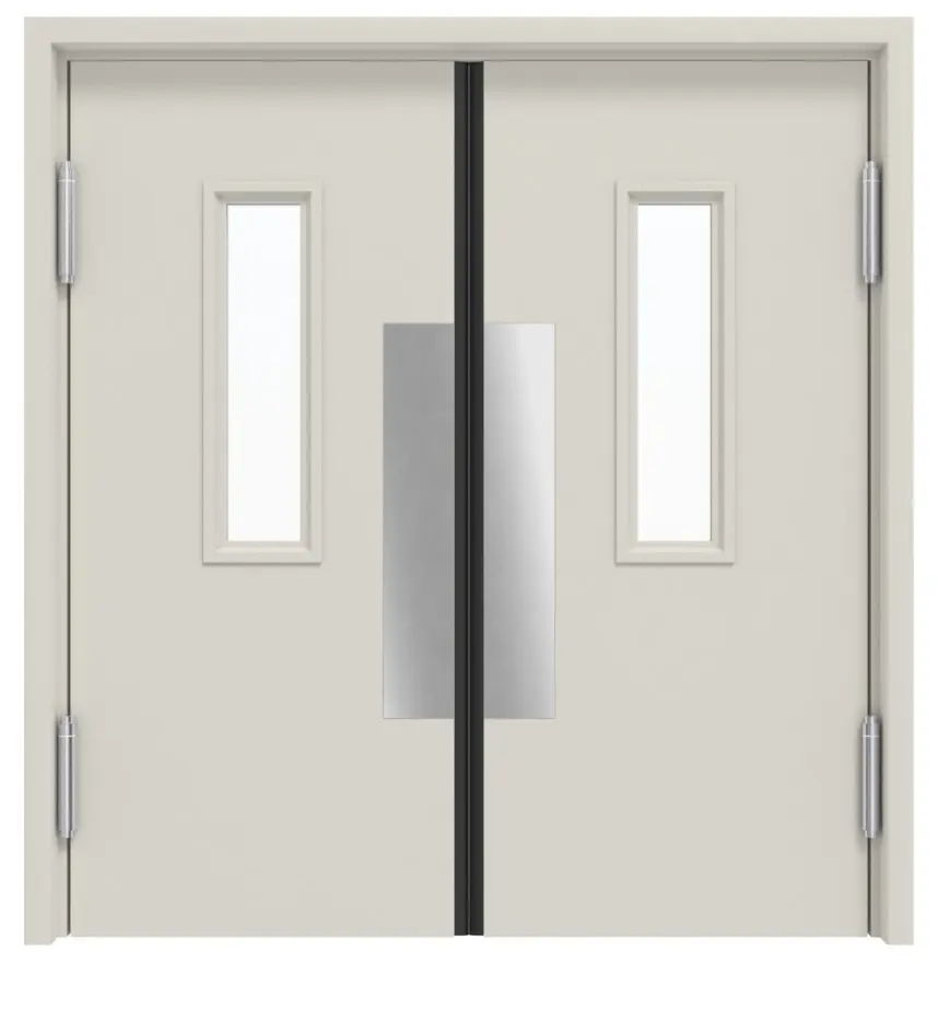 Widok frontowy kompletnego zestawu stalowych wielofunkcyjnych dwuskrzydłowych drzwi wahadłowych MZ-2 z LA-2 i ościeżnicą opaskową - Hörmann