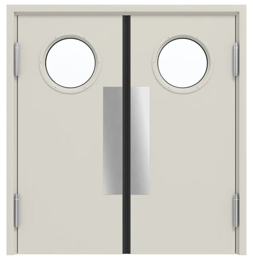 Widok frontowy kompletnego zestawu stalowych wielofunkcyjnych dwuskrzydłowych drzwi wahadłowych MZ-2 z okrągłym LA i ościeżnicą narożną - Hörmann
