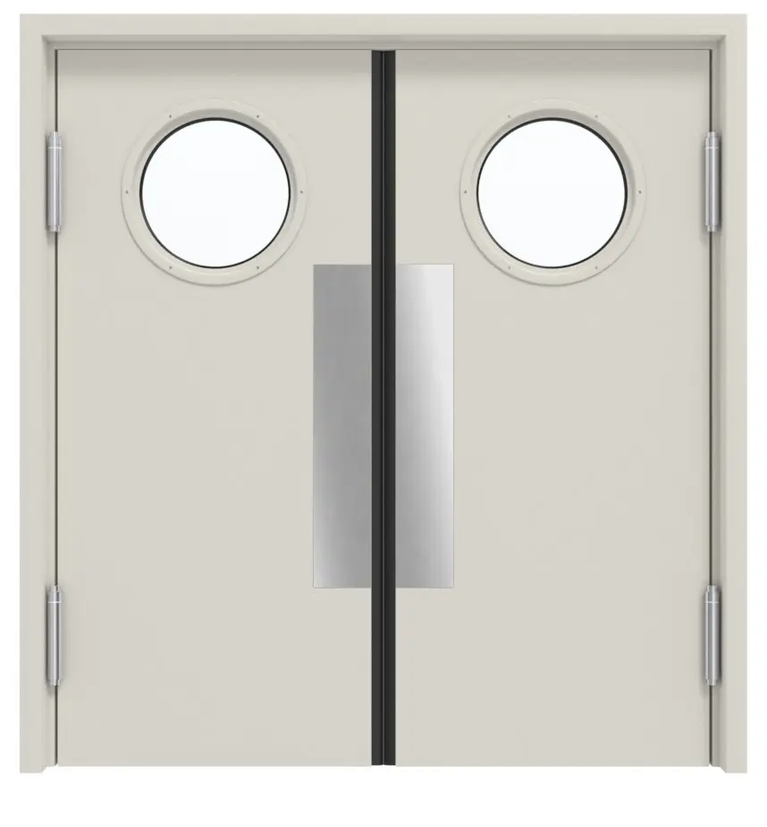 Widok frontowy kompletnego zestawu stalowych wielofunkcyjnych 2-skrzydłowych drzwi wahadłowych MZ-2 z okrągłym LA i ościeżnicą opaskową - Hörmann
