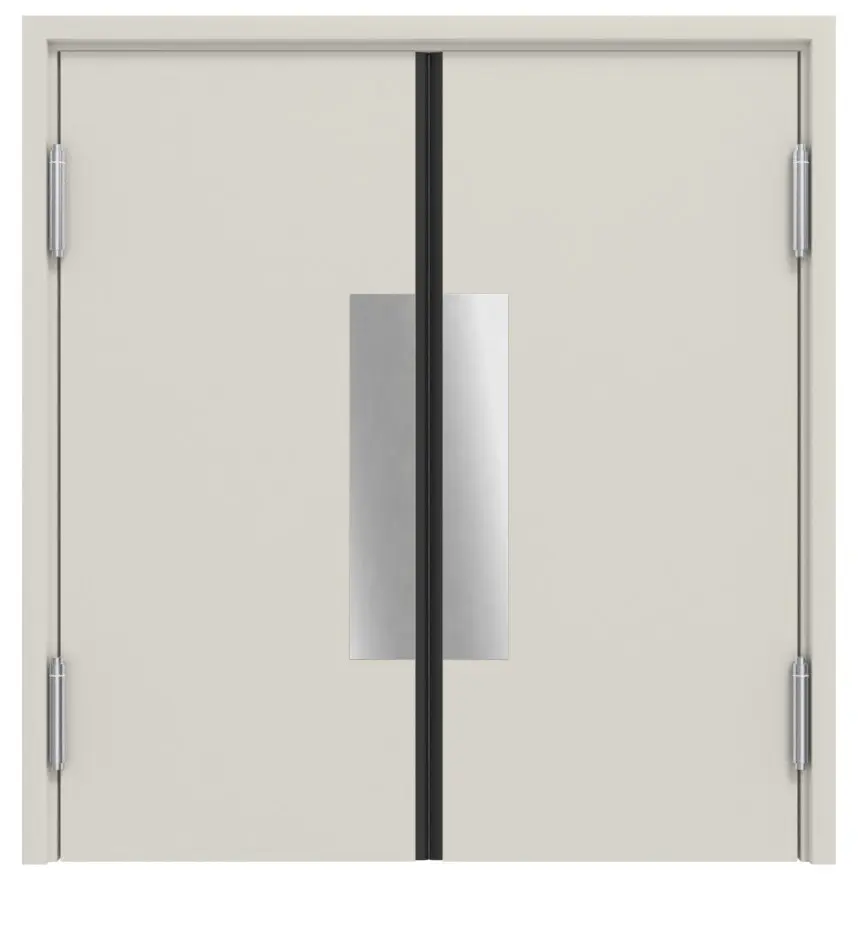 Widok frontowy kompletnego zestawu stalowych wielofunkcyjnych dwuskrzydłowych drzwi wahadłowych MZ-2 z ościeżnicą narożną - Hörmann