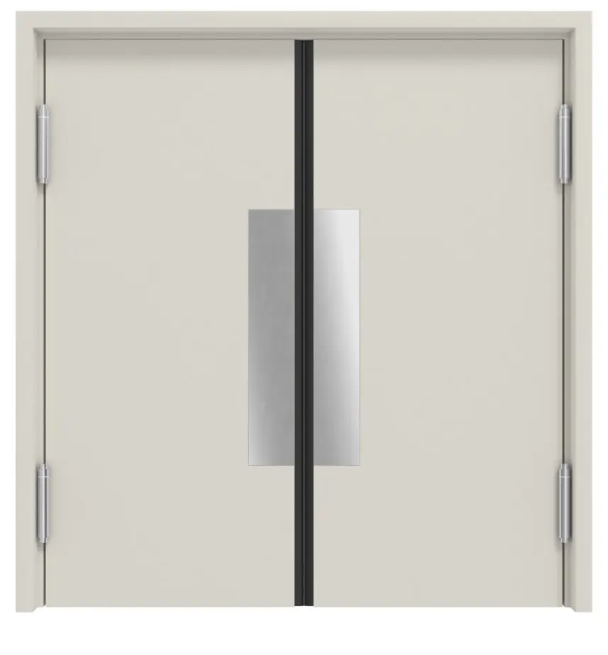 Widok frontowy kompletnego zestawu stalowych wielofunkcyjnych drzwi wahadłowych dwuskrzydłowych MZ-2 z ościeżnicą opaskową – Hörmann