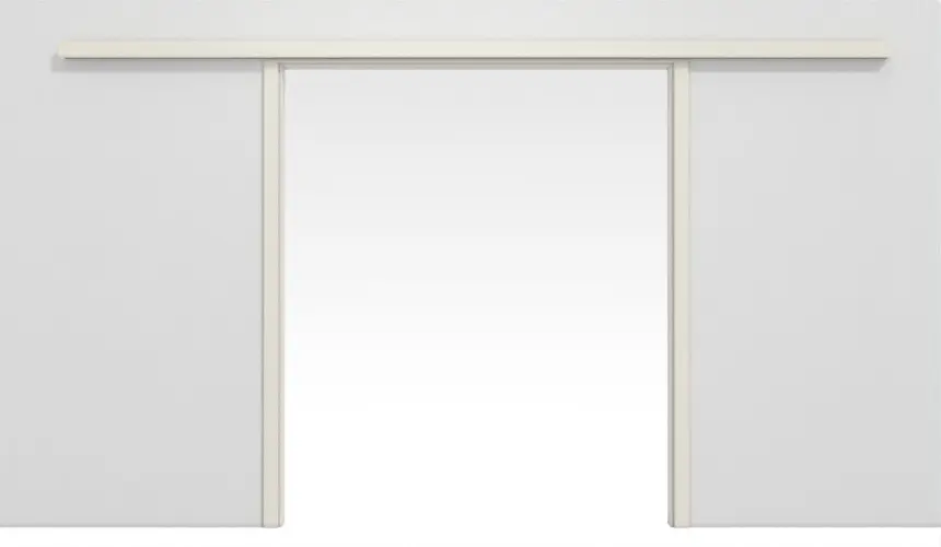 Widok frontowy dwuskrzydłowego systemu drzwi przesuwnych WestaLack klasyczna biel RAL 9010 naścienny z ościeżnicą - Westag & Getalit