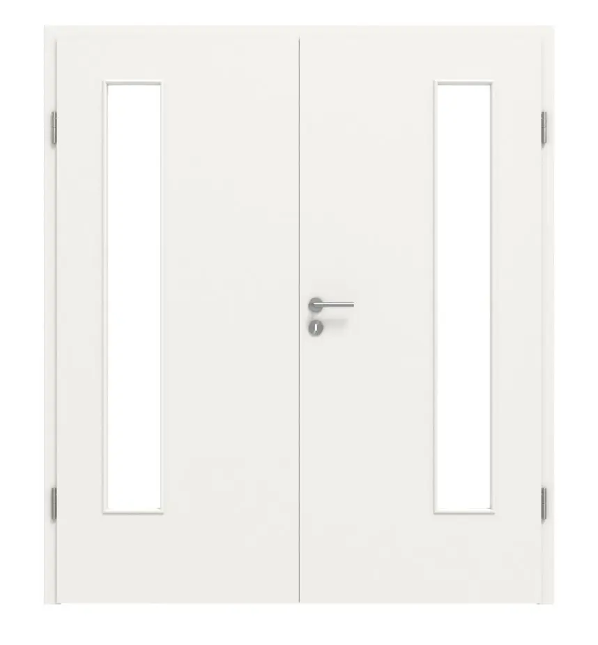 HÖRMANN drzwi dwuskrzydłowe biały drogowy RAL 9016 Duradecor ProLine z przeszkleniem LA 24 po stronie zawiasów z ościeżnicą