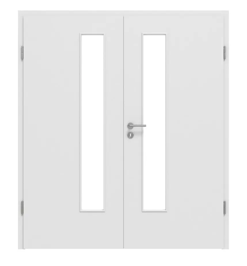 Widok frontowy biel baliowa LA 24 od strony zamka Basic Durat drzwi dwuskrzydłowe z ościeżnicą - Huga