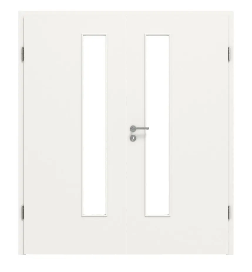 Widok frontowy białych drzwi dwuskrzydłowych RAL 9016 LA 24 od strony zamka Basic Durat z ościeżnicą - Huga