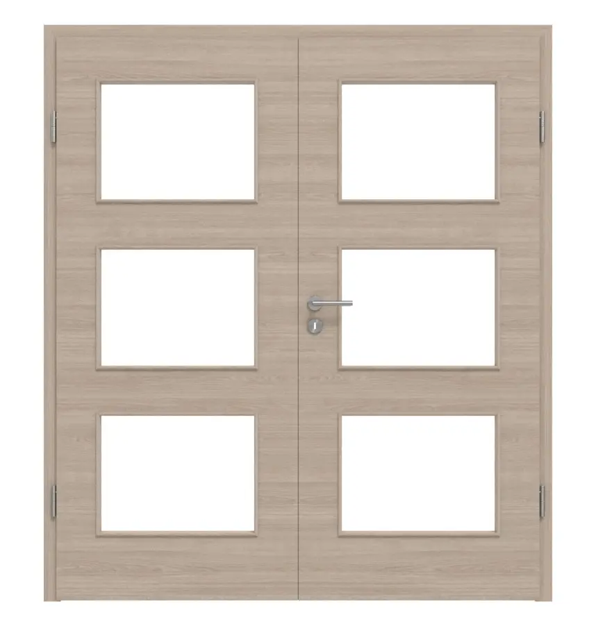 HÖRMANN drzwi dwuskrzydłowe dąb szary układ poprzeczny Duradecor ProLine z przeszkleniem LA 11 i ościeżnicą