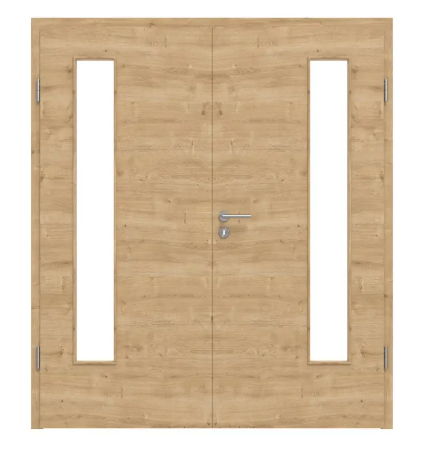 HÖRMANN drzwi 2-skrzydłowe dąb dziki wzdłuż Duradecor ProLine z przeszkleniem LA 24 po stronie zawiasów z ościeżnicą
