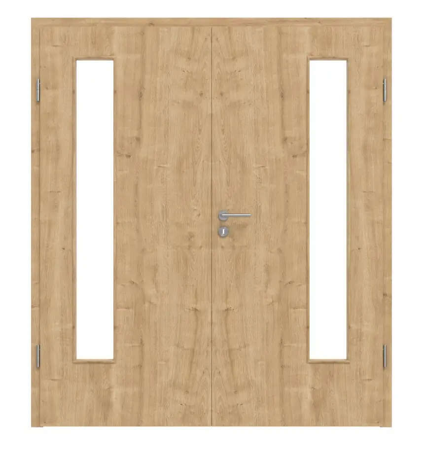 Widok frontowy modelu dąb sękaty LA 24 po stronie zawiasów Basic Durat drzwi dwuskrzydłowe z ościeżnicą - Huga