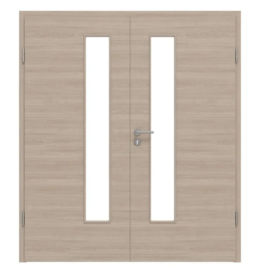 HÖRMANN Drzwi dwuskrzydłowe, dąb szary, układ poprzeczny, Duradecor ProLine, z przeszkleniem LA 24 po stronie zamka z ościeżnicą