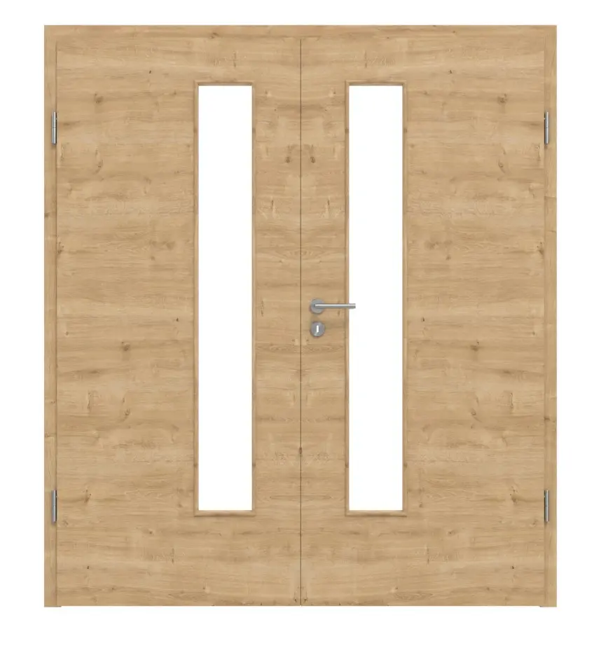 HÖRMANN drzwi dwuskrzydłowe dąb dziki wzdłuż Duradecor ProLine z przeszkleniem LA 24 od strony zamka z ościeżnicą