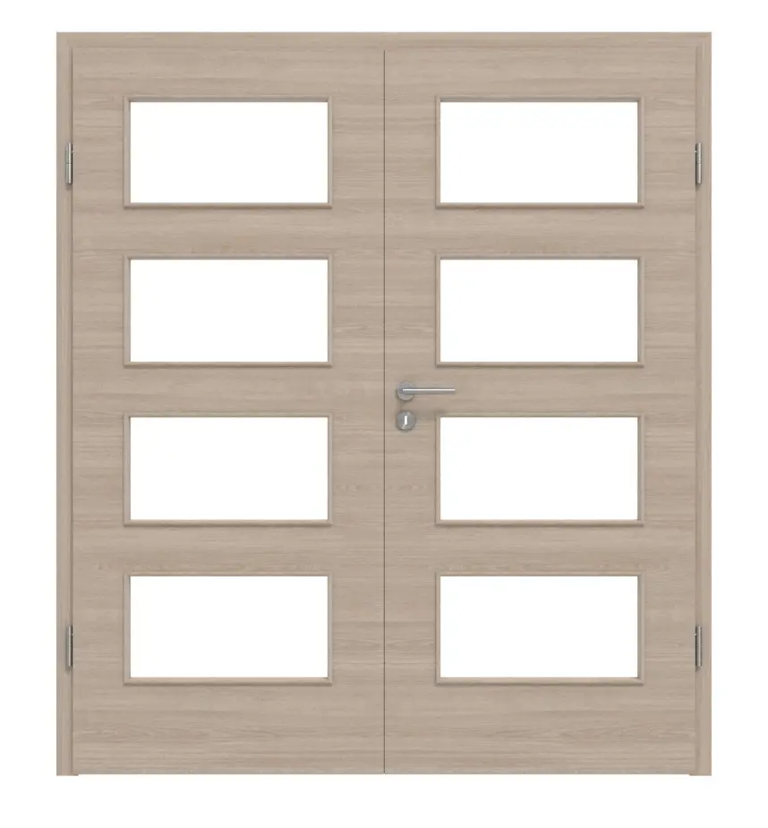 HÖRMANN drzwi dwuskrzydłowe dąb szary układ poprzeczny Duradecor ProLine z przeszkleniem LA 9 i ościeżnicą