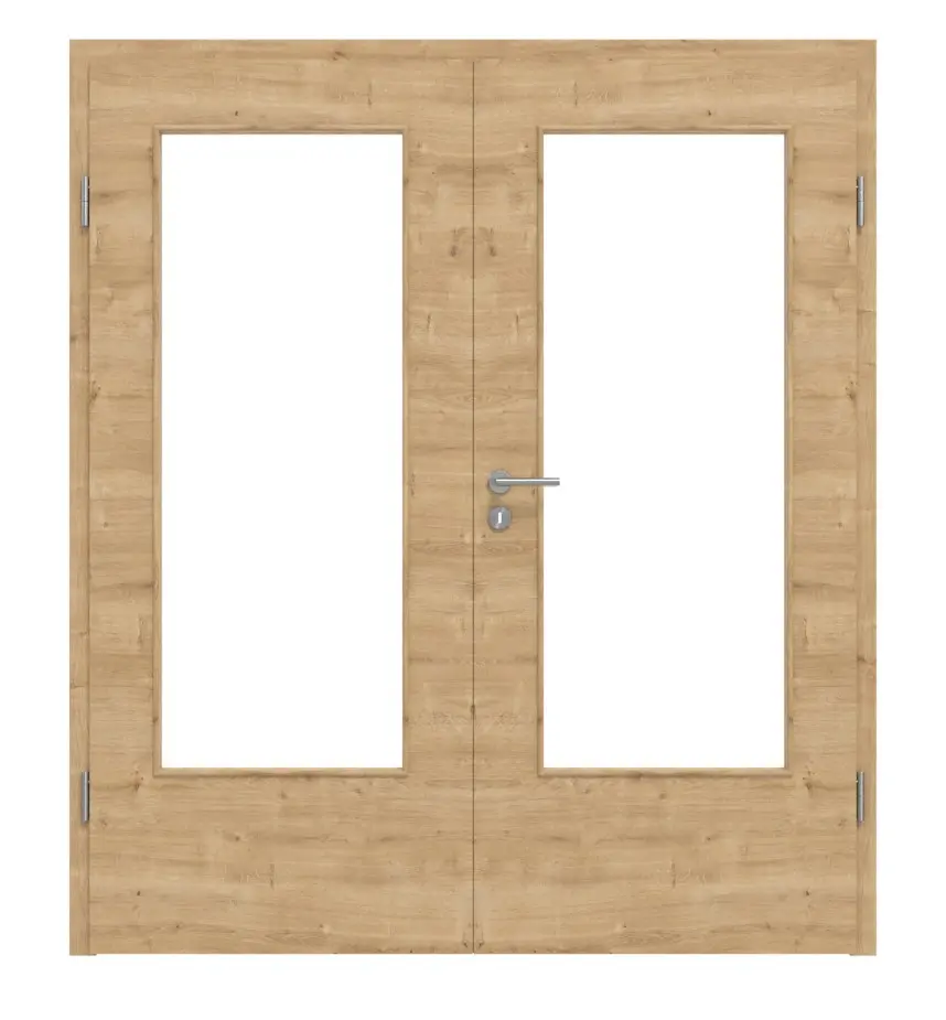 HÖRMANN drzwi dwuskrzydłowe dąb dziki wzdłuż Duradecor ProLine z przeszkleniem LA-DIN z ościeżnicą