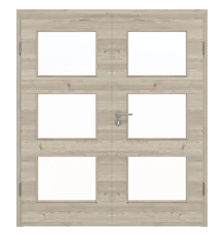 HÖRMANN drzwi 2-skrzydłowe szczotkowane modrzew jasny wzdłuż Duradecor ProLine z przeszkleniem LA 11 z ościeżnicą